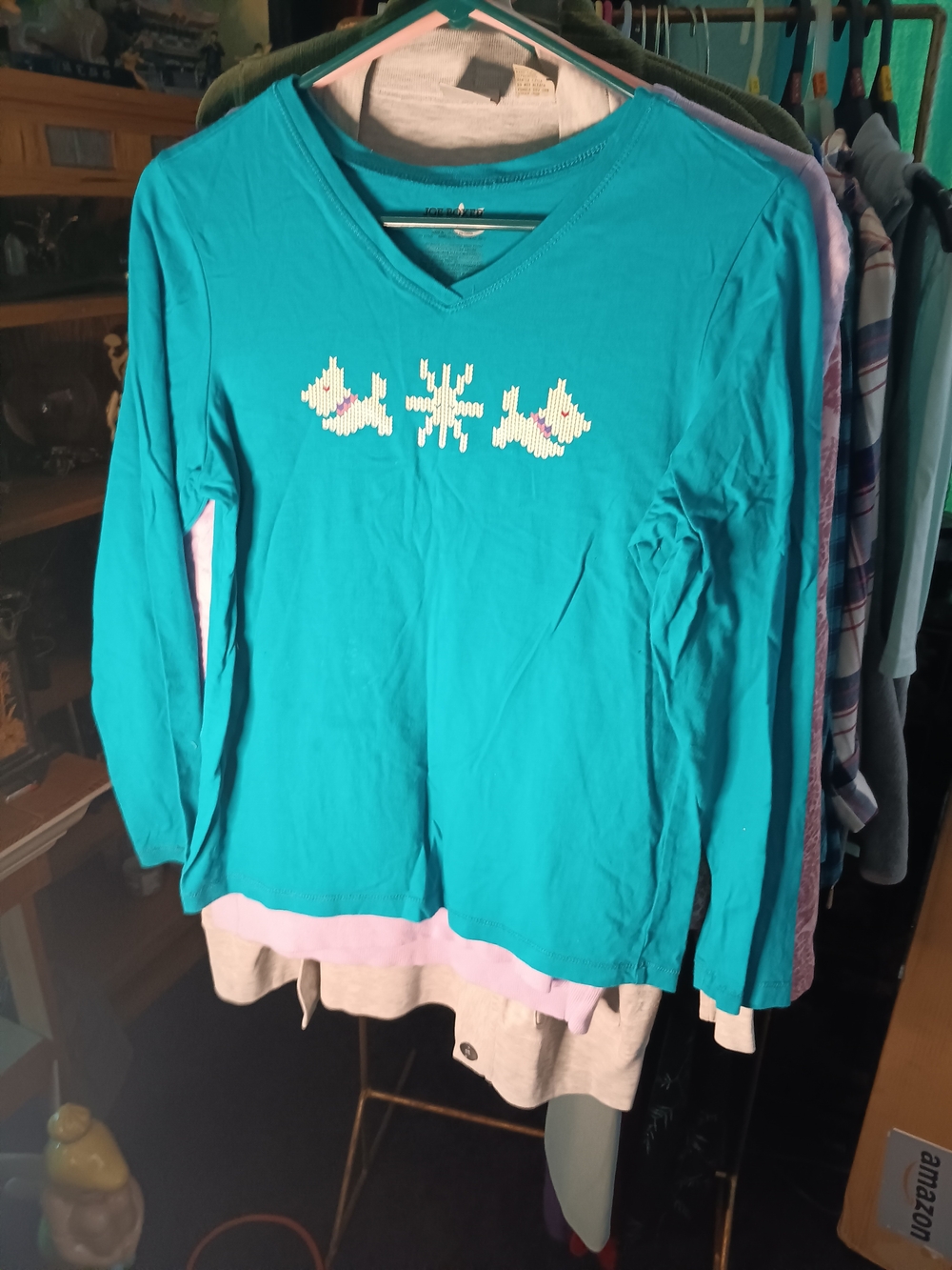 Joe Boxer Teal Long Sleeve V-Neck Top with Snowflake Motif